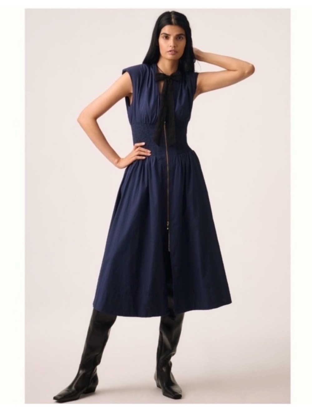 Anthropologie The Tommie Cap-Sleeve Smocked Front-Zip Shirt Dress Navy large
NWT
